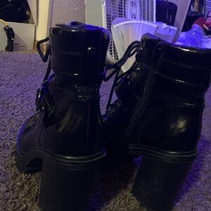 Black Lace-Up Combat Boots with Glossy Finish